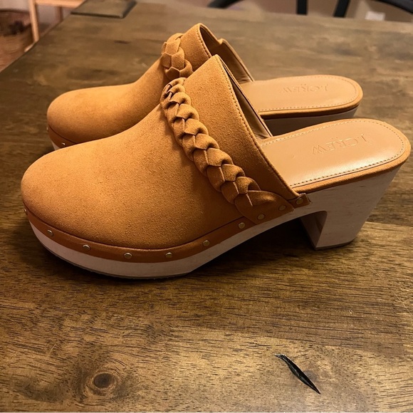 NWOT J. Crew Camel Faux Suede Clogs Wood Chunky Heel Women's SZ 9.5 - Picture 2 of 9